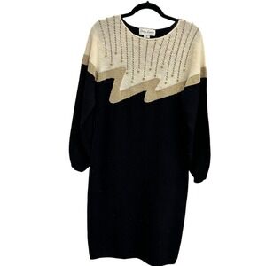 Vintage Betsy Lauren Large Knit Sweater Dress Gold Accents Black Cream